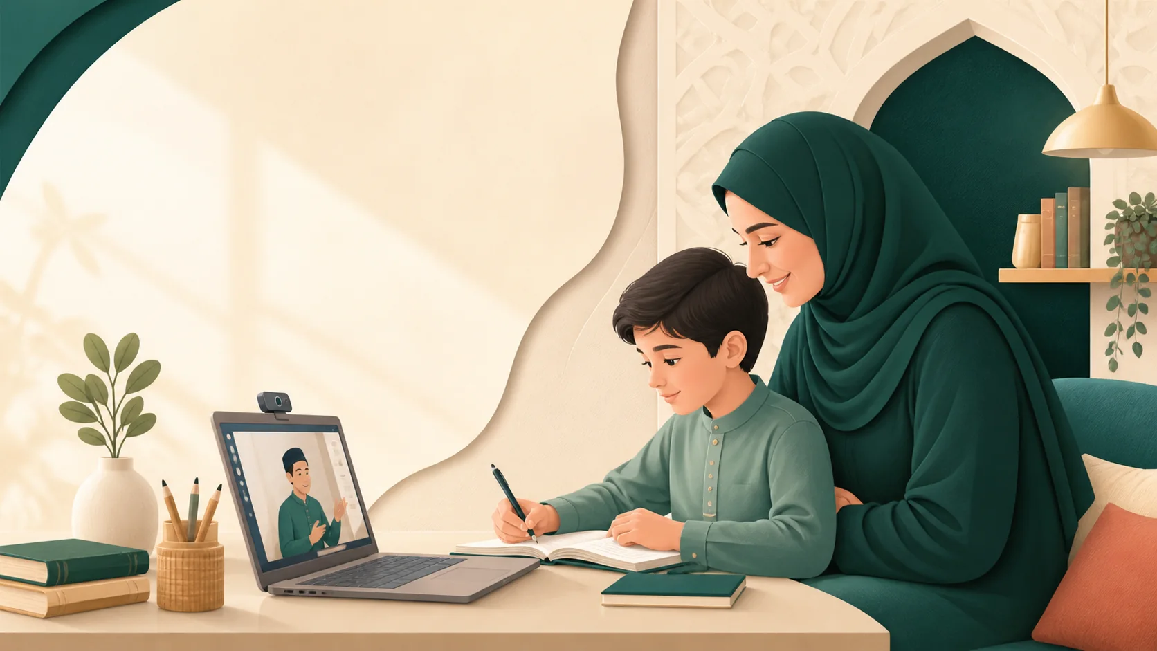 Illustration of a parent supporting a learner during an online lesson