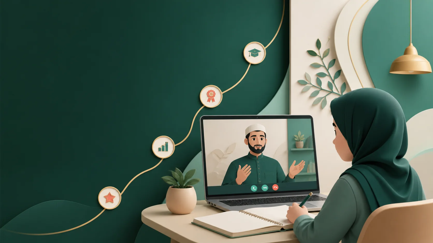 Illustration of a learner in a live online lesson with a teacher